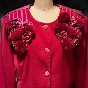 VINTAGE 80s dressy jacket removable fur collar satin rosettes blazer coat formal